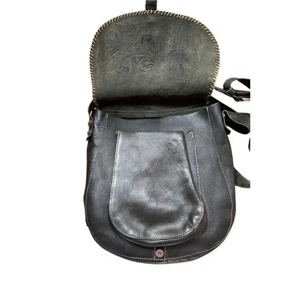Patricia Nash Barcelona Black Tooled Leather Large Crossbody Saddle Bag Purse - Picture 14 of 15